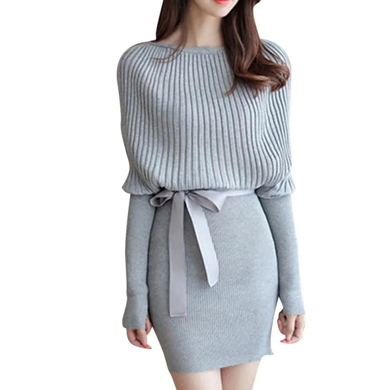 Dresses Fashion Womens Solid Colors Slim Long Sleeve Sweater Dress Ladies Autumn Knitted Short Sheath with Sash One Size | Женская