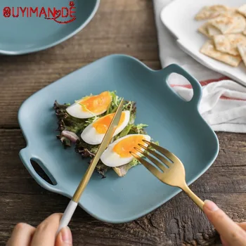 

Nordic Dinner Plate Ceramic Dish Steak Salad Tray Handle Food Christmas Fruit Plates Home Decor Dishes Matte Binaural