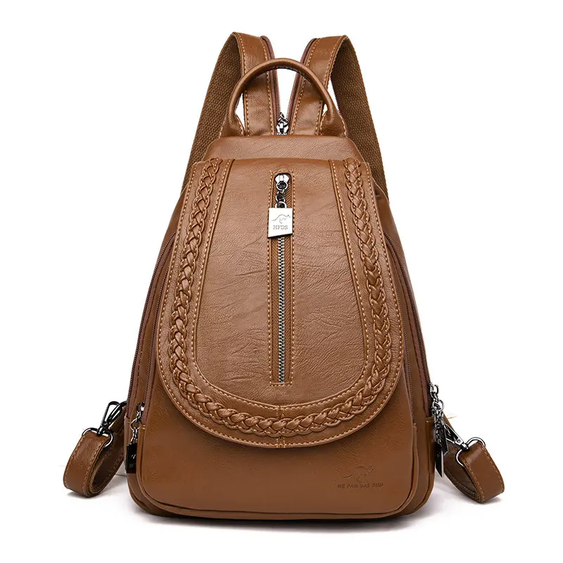 Женские кожаные рюкзаки на молнии, Женская нагрудная сумка, рюкзак для путешествий, женский рюкзак Mochilas, школьные сумки для девочек-подростков - Цвет: Коричневый