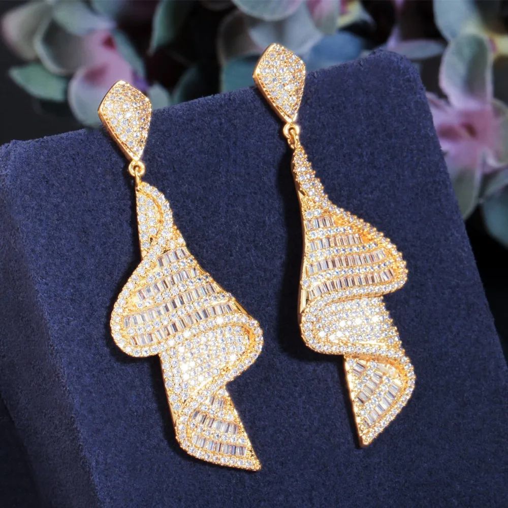 CWWZircons Geometric Sparkling Fancy White Cubic Zirconia Big Long Drop Earrings for Women Dubai Gold Color Bridal Jewelry CZ803