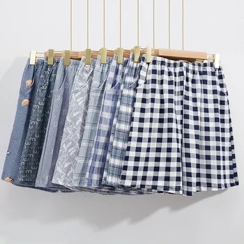 

Couple pajamas summer cotton gauze shorts Japanese style simple elastic waist casual large size lattice men and women home pants