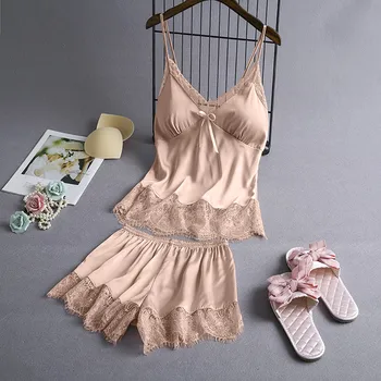 

Hot Nightgown Women V-Neck Eyelash Silk Lace Sexy Stain Camisole Bowknot Shorts Set sexy Camisola Vestidos Femininos Nightie
