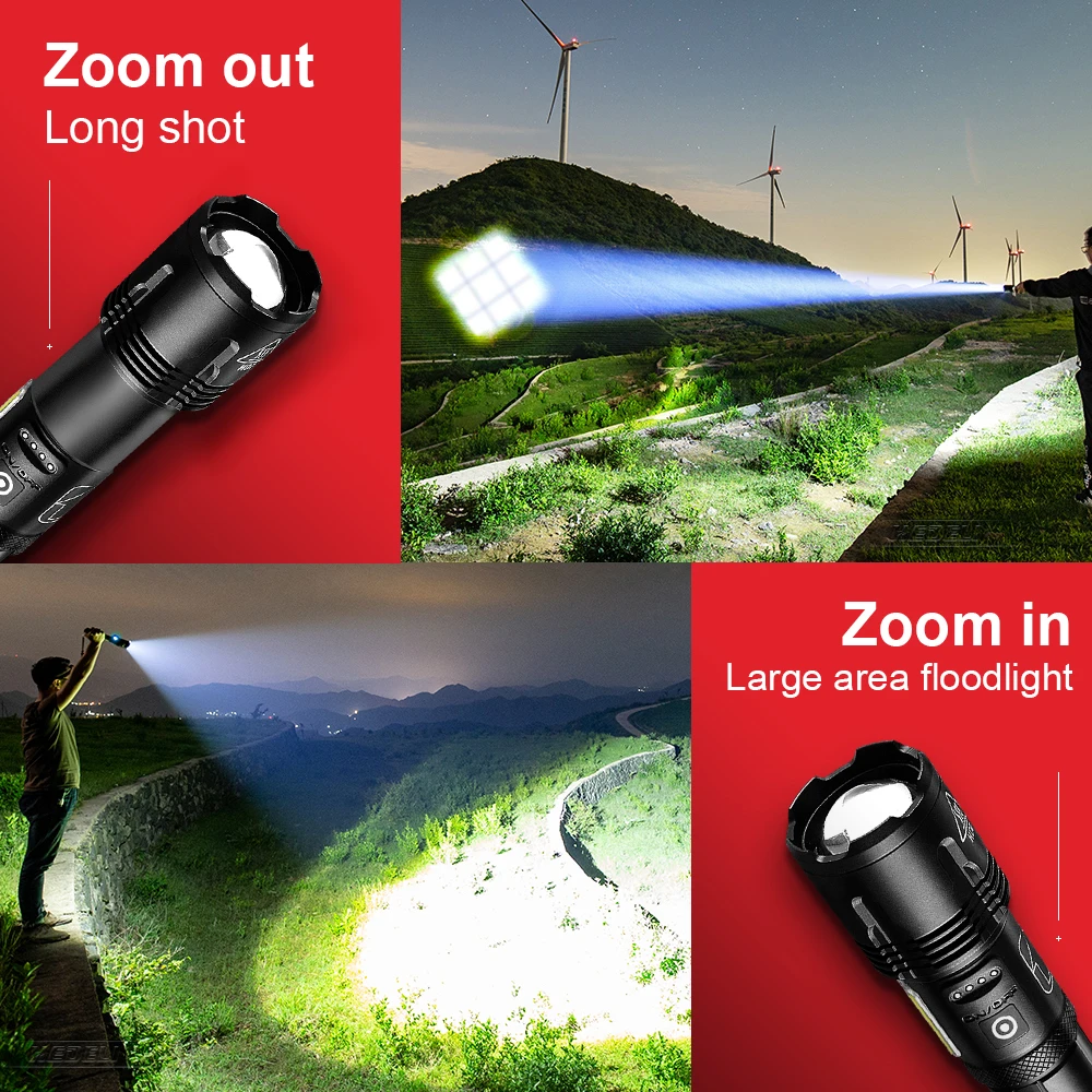 Potente linterna LED XHP70.2 de 4 núcleos, 300000 lúmenes, 4 modos,  recargable por USB, lámpara con Zoom, resistente al agua, para Camping,  senderismo - AliExpress