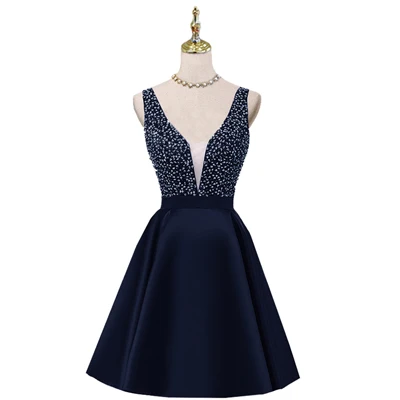 navy blue Блестящие хрустальные бисерные Короткие коктейльные платья платье для выпускного бала с двойным v-образным вырезом сексуальные блестящие мини платья для выпускного бала Abiye Vestidos - Цвет: navy blue