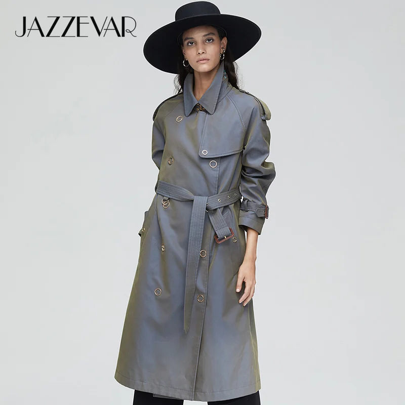 JAZZEVAR Новое поступление осенний плащ женская свободная одежда верхняя одежда высокое качество двубортное женское длинное пальто дизайнерское 9024