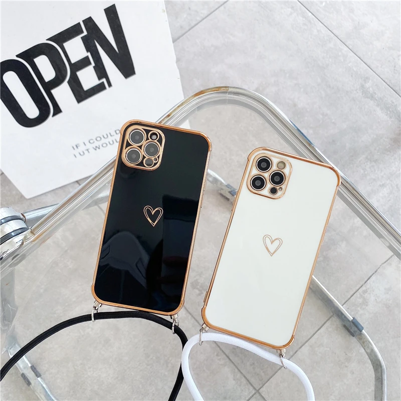 iphone 12 cover case Cute Electroplated Love Heart Lanyard Case For iPhone 11 12 13 Pro Max XS XR X 7 8 Plus Mini SE 2 Cord Rope Necklace Strap Cover apple iphone 12 case