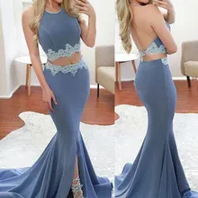 Элегантное платье для выпускного вечера Русалка из двух частей Холтер спинки развертки поезд синий платье для выпускного вечера с кружевным разрезом