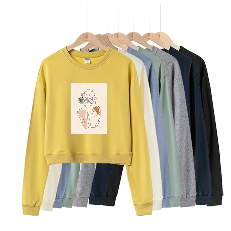 

Cotton Crop Top Sweatshirt Streetwear Art Abstract Print Hoodie Women Sweatshirts Pullover Vintage Korean Clothes Long Sleeve