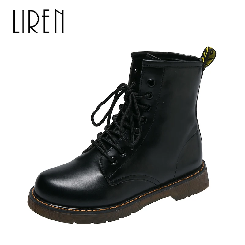 

Liren 2019 Spring/Autumn PU Ankle Zip Women Fashion Sexy Boots Lace-up Round Wrapped Toe Low Square Heels Comfortable Shoes