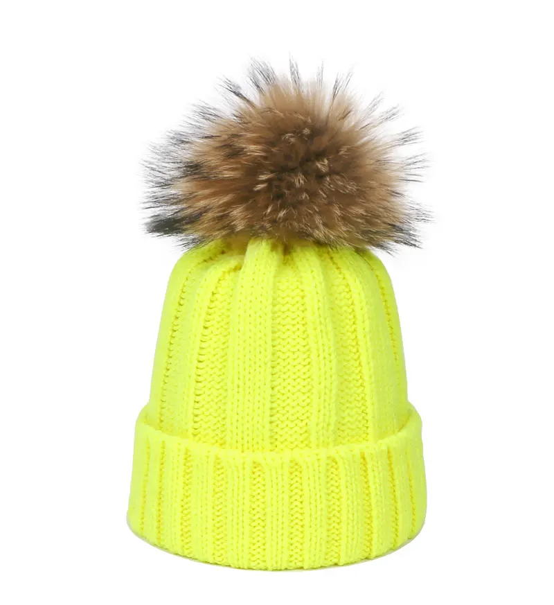 Women Autumn Winter Beanie Cap Female Acrylic Wool Hats With Real Fur Pompon Knit Windproof Outdoor Warm Fluorescent Beanie Hat