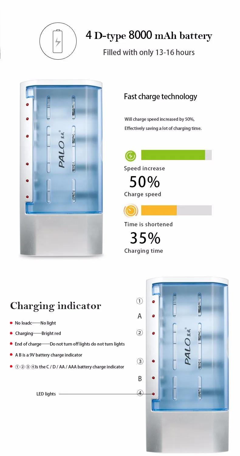 Тип PALO мульти аккумулятор для использования зарядное устройство для Nimh NicdAA/AAA/C/D/9 в аккумуляторные батареи+ 4 шт. C размер батареи