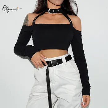 

Prowow Fashion Sexy Slash Neck Women Crop Tops Solid Black Female Long Sleeves Women Clothes Lady Tight Holiday Party Club Tops