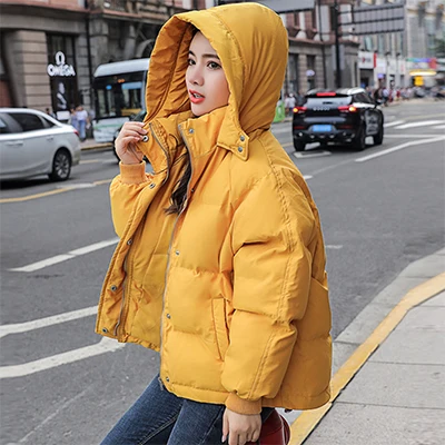 Однотонные плотные теплые зимние пуховики для женщин, повседневные свободные хлопковые пальто с капюшоном, Корейская женская мода размера плюс, парки, уличная одежда - Цвет: Цвет: желтый