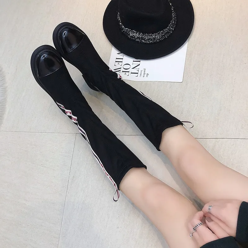 

Middle Boots WOMEN'S Thigh Boots Short-height Spring And Autumn Single Boots Stovepipe Elasticity Boots Boots