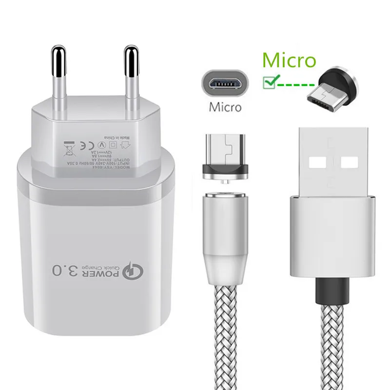 Магнитный всасывающий Micro usb кабель QC 3,0 быстрое зарядное устройство для samsung A6 A7 zte Blade V7 V9 Realme 3 Pro alcatel для huawei Honor 8X 7A P Smart мобильный телефон - Тип штекера: EU Charger and Cable