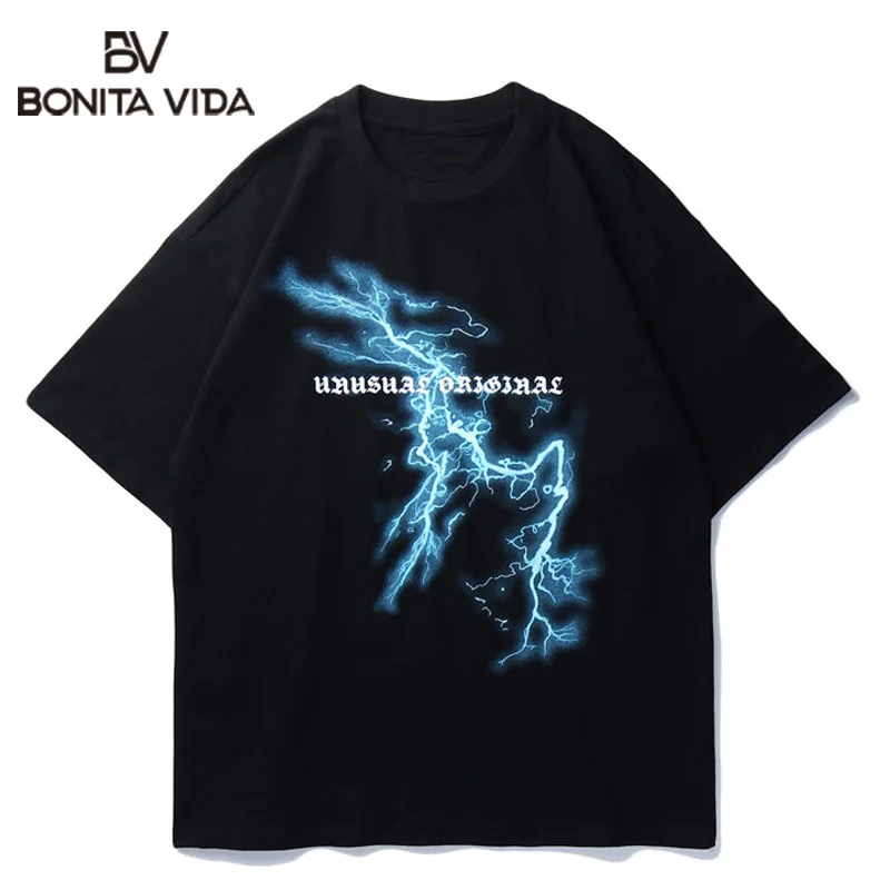 

Bonita Vida Men Hip Hop T Shirt Lightning Skull Moon Streetwear Oversize Hip Hop Loose Tshirts Summer Cotton Short Sleeve Tees