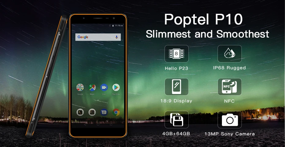 Европейская версия Poptel P10 прочный смартфон 5,5 дюймов Восьмиядерный android 8,1 4 Гб + 64 Гб NFC разблокированные телефоны экономически эффективные