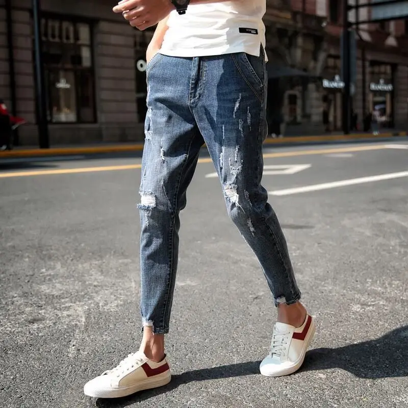 2019 New Fashion Jeans Men Casual Ankle Length Pants Zipper Streetwear Hip Hop Straight Male Personality Man's Denim Pants Hole