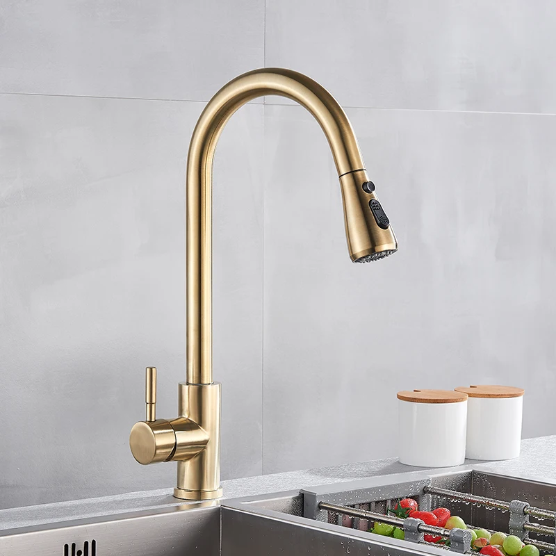 Brushed Gold Pull Out Kitchen Faucets 360 Rotation Kitchen Mixer Tap Single Lever Mixer Tap Kitchen Sink Cold Hot Water Tap Kitchen Faucets Aliexpress
