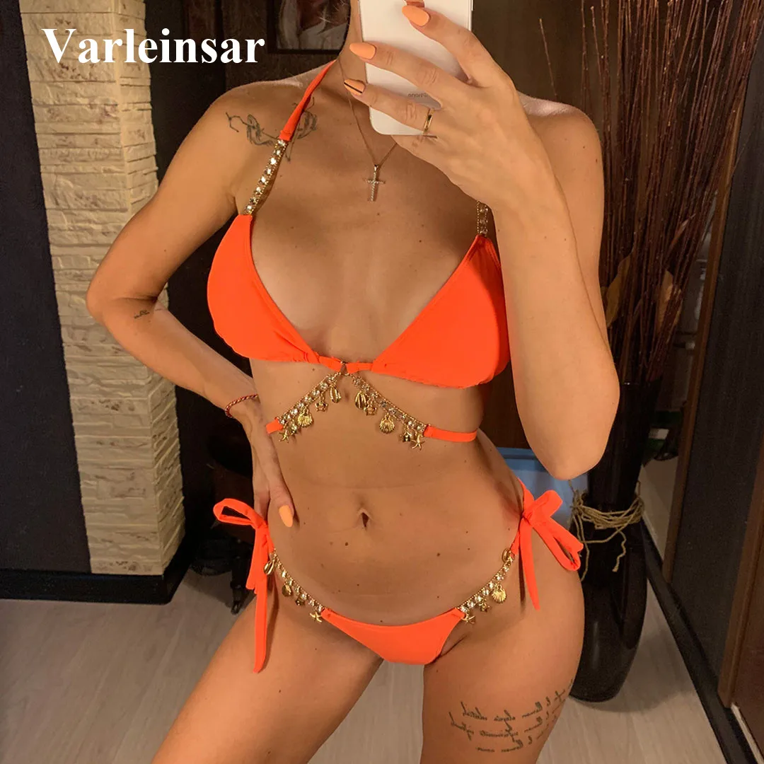 Swimwear Female Bikini-Set Two-Pieces Bling Diamond HALTER Sexy Women Swim-V2450 3-Colors