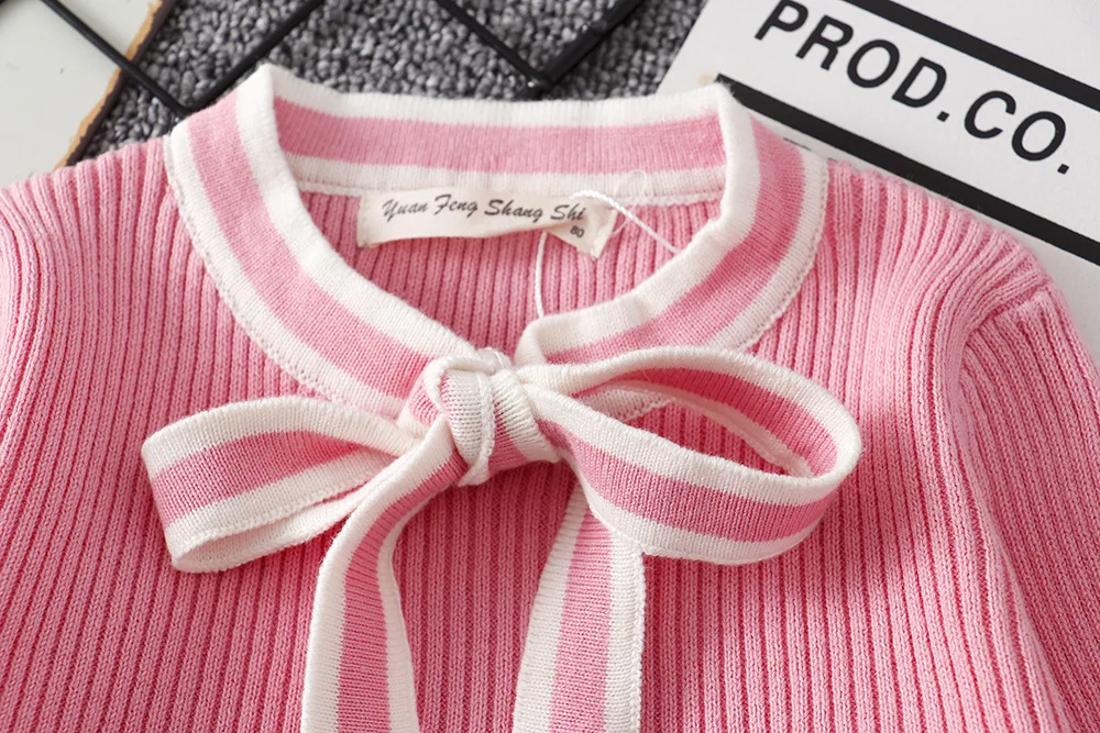 New Pink Brand Toddler Girl Fall Winter Knit Sweater Dress Lovely Bow Kids Winter Dresses Baby Long Sleeve Crochet Dress 0-5Y