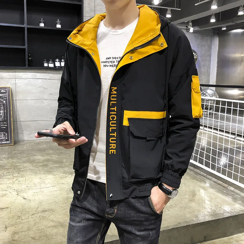 Black Новинка года; сезон осень; японский стиль Харадзюку; цвет пэчворк; модные мужские куртки с капюшоном; Повседневная ветровка; Верхняя одежда; уличная одежда - Цвет: Black
