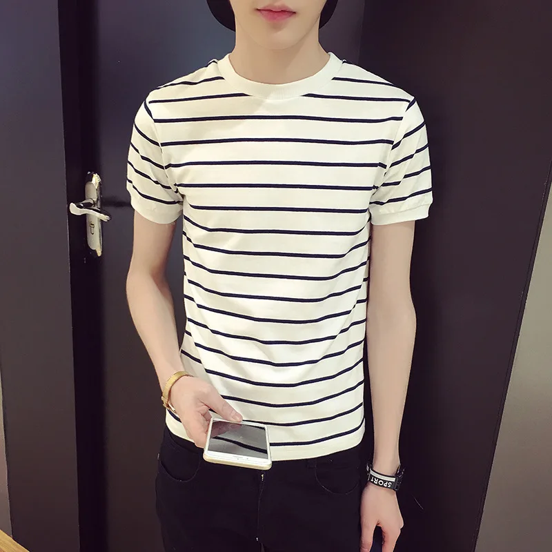 

2018 Summer New Style MEN'S Short-sleeved T-shirt Crew Neck Half Sleeve Korean-style Teenager Stripes Short Sleeve Fashion Man T