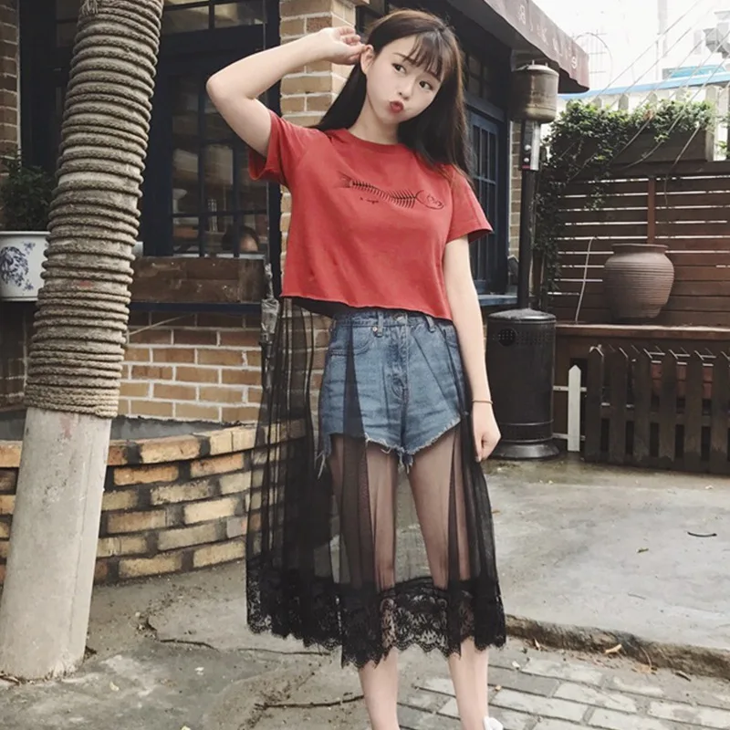 

[Official Figure] 643 # Gauze Joint Skirt 2019 New Style INS Super Fire Tops Short Sleeve T-shirt Women's