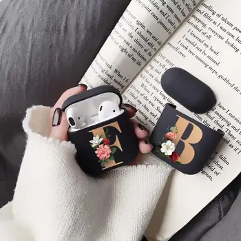 

Cute Floral Gold Initial alphabet Letter Case For Airpod 2 Cases Silicone Wireless Bluetooth Earphone Cover Matte Black