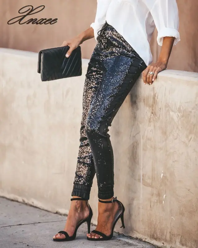 Xnxee брюки из искусственной кожи в стиле пэчворк с блестками женские Модные Узкие кружевные яркие брюки длинные брюки Клубная повседневная одежда