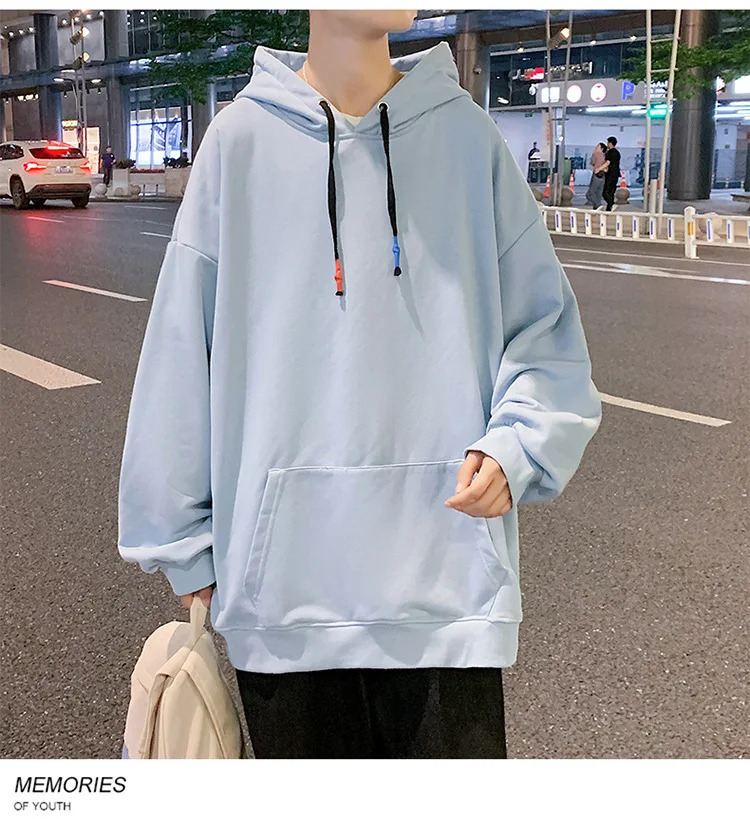 Hong Kong autumn students wear large size loose sweater 2021 new fashion brand men's clothing youth solid color hooded sweater plain white hoodie