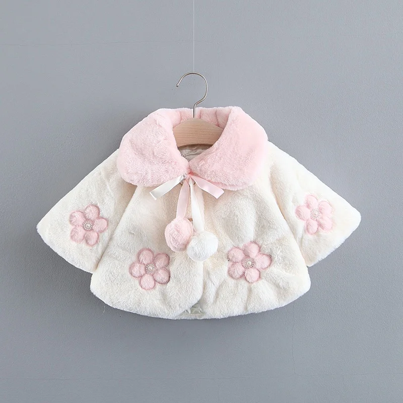 

2019 Sweet Warm Winter Girls Kids Cloak Coat Children Baby Infants Balls Flower Outwear Thicken Faux Fur Cape Casaco S9679
