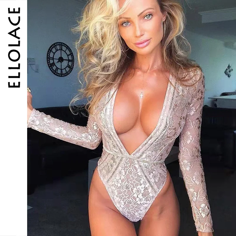 

Ellolace Sexy Deep V Lace Bodysuit Long Sleeve Women Transparent Female Bodycon Overalls Solid Lace Fitness Slim Black Bodys
