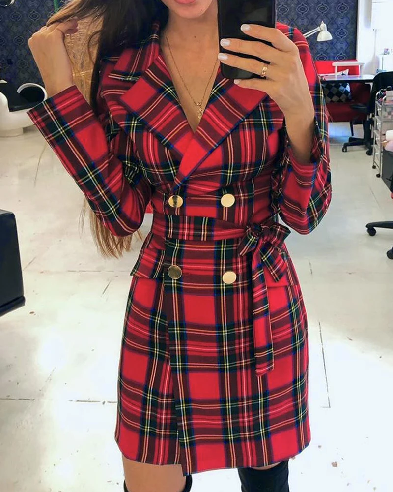 2020 Spring Autumn Women Officewear OL Turn down Collar Button Design Blazer Long Sleeve Lady Plaid Double Breasted Blazer Dress|Blazers| - AliExpress