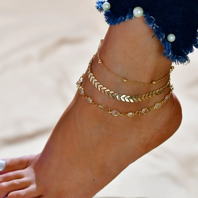 AMORUI 3 Pcs/set Arrowed Multilayer Anklet Set Gold Color Simple Style Women Anklet Summer Fashion Beach Jewelry Drop Shipping AMORUI 3 Pcs/set Arrowed Multilayer Anklet Set Gold Color Simple Style Women Anklet Summer Fashion Beach Jewelry Drop Shipping