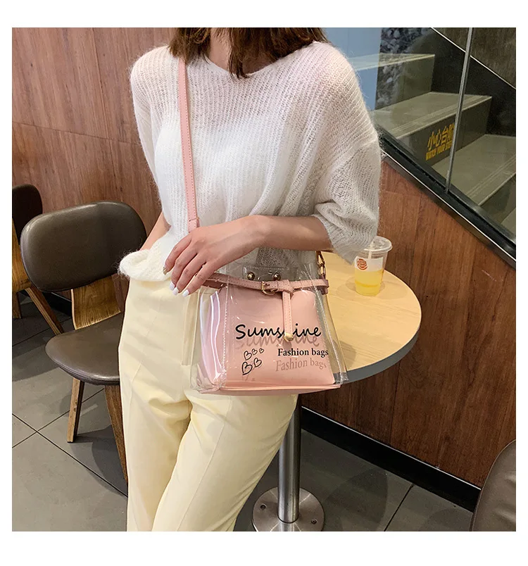 

Summer bag 2019 new Korean version of simple Joker single shoulder oblique sidecar mother bag transparent jelly bucket bag