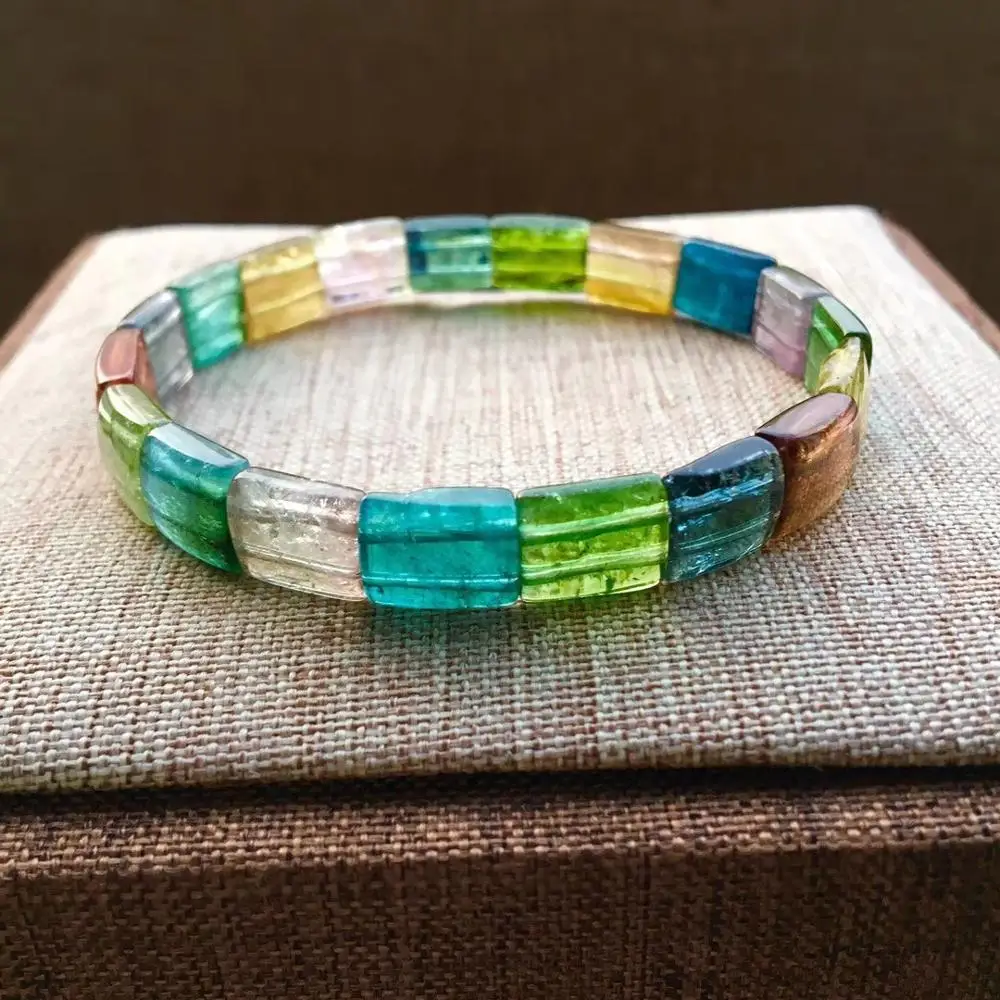 

Natural Blue Green Red Tourmaline Bracelet Women Men Brazil Love Stretch Clear Rectangle Beads 9x8mm Crystal Bangle AAAAA