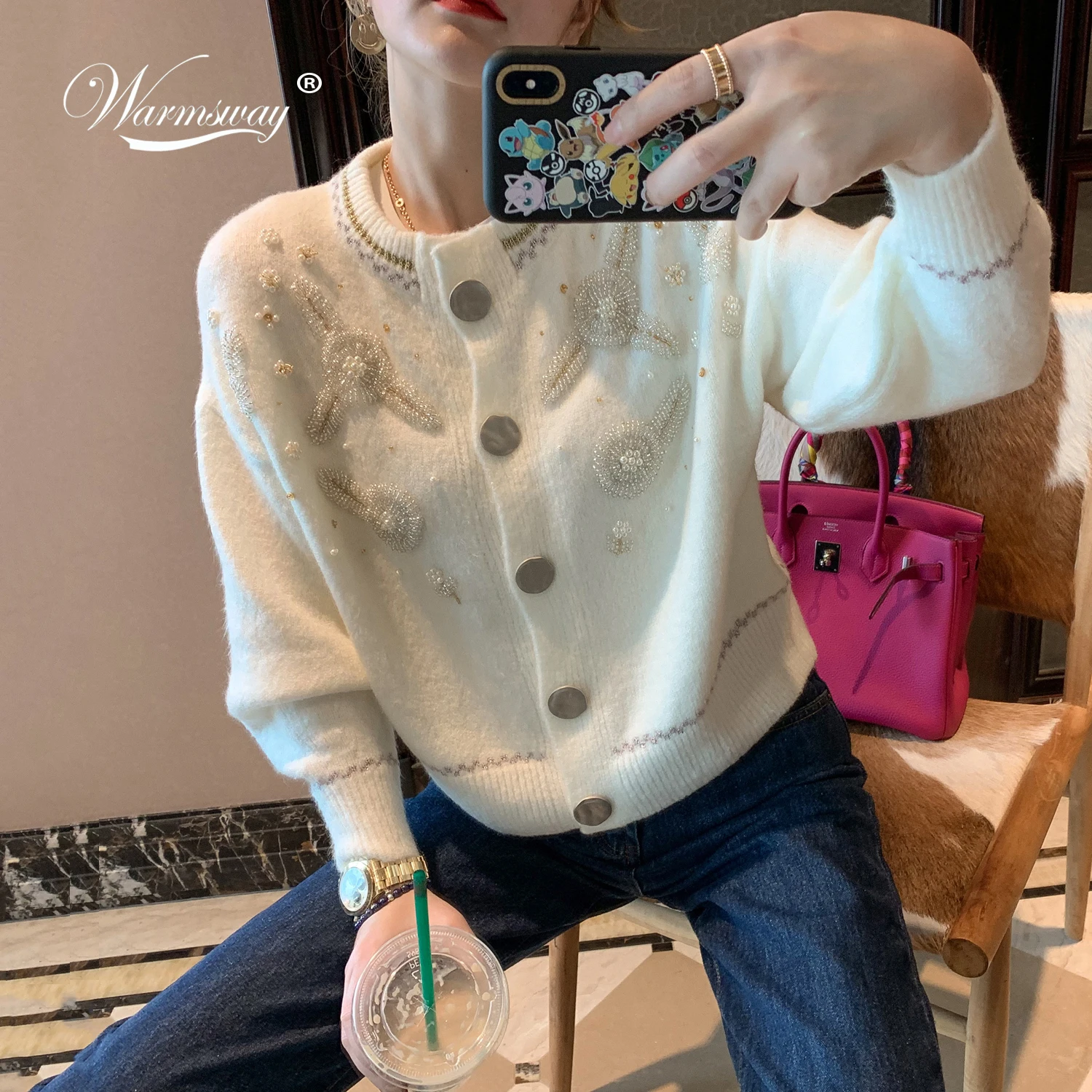 

High Quality Women's Short Cardigan Coat Female Pearl Beading Warm thick Winter Knitted Oversized Sweater C-118