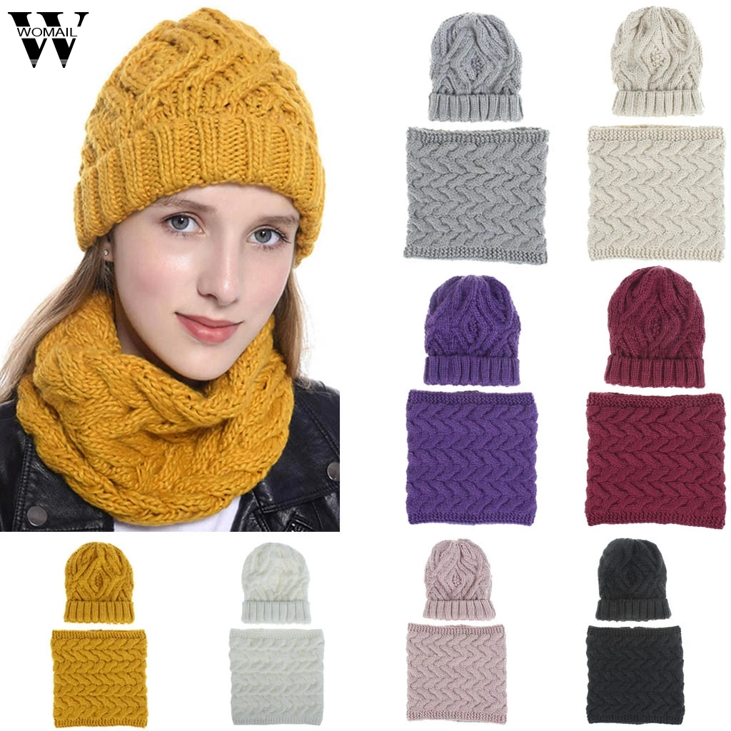 

Womens Hat Women Two Pieces Pure Color Knitted Cap Keep Warm Neckerchief Winter 2PCS Hat Bib Spring Hats for Female 2019 Au30
