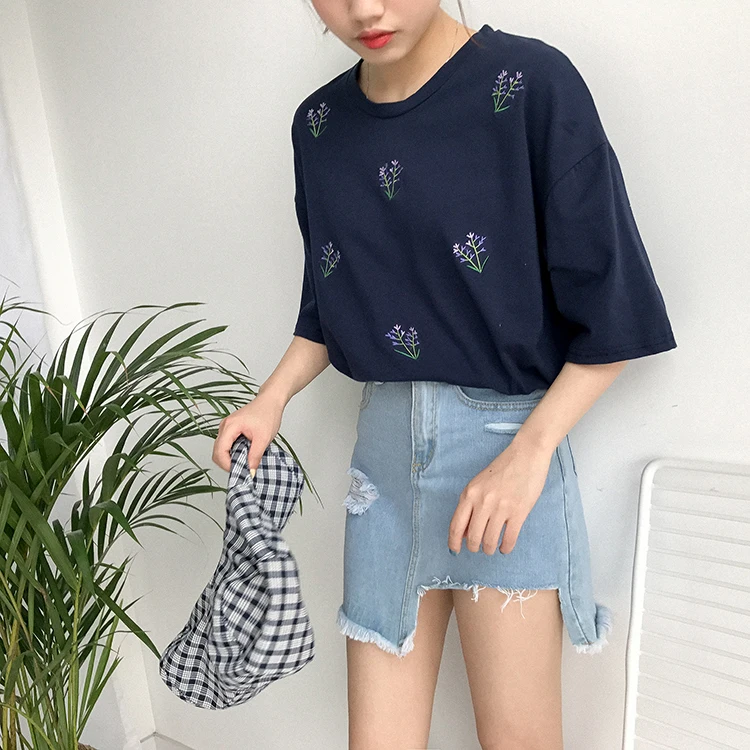 Женская футболка в японском стиле Панк Harajuku Ulzzang с цветочной вышивкой лаванды, женский корейский кавайный милый топ и футболка для женщин