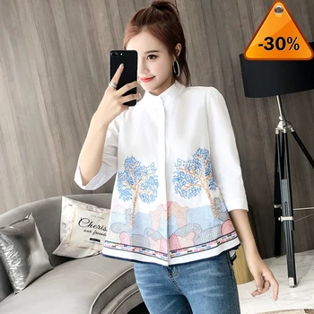 

Embroidery Blouse Floral Women 2020 Summer Half Sleeve Elegant Stand Collar Loose Casual Shirt Womens Tops White Blue