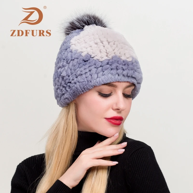 ZDFURS* Зимний Настоящий мех кролика шапка с помпон из лисьего меха женские зимние эластичные вязаные Настоящий мех кролика шапки