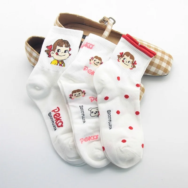 Корейские Японские Женские носки в горошек с буквенным принтом Fujiya, хлопковые Забавные милые носки Kawaii Skarpetki, Модные Повседневные Дышащие уличные носки