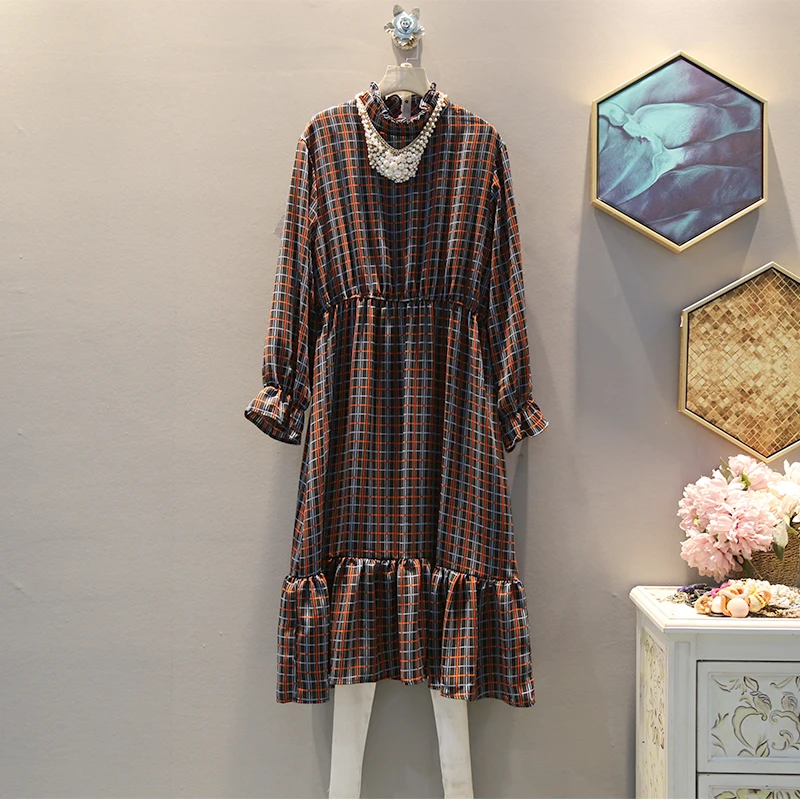 

[EWQ] 2019 Spring Autumn New Pattern Half Turtleneck Collar Long Sleeve Plaid Patchwork Hit Colors Vintage Dress Women AH21405