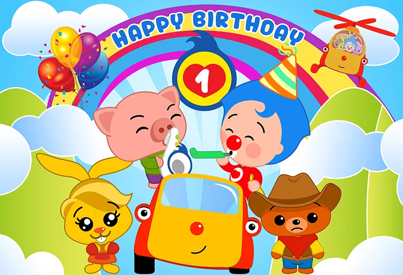Plim Backdrop Kids 1st Birthday Party Photography Cartoon Pig Bear Photo Background Rainbow Vinyl Decoration Props Banner photo backdrop
