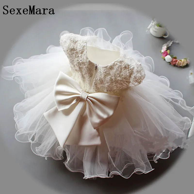 

Champagne Tulle Girls Celebration Dress Lace Applique Baby Girls Christening Party Dress Little Princess First Birthday Dress
