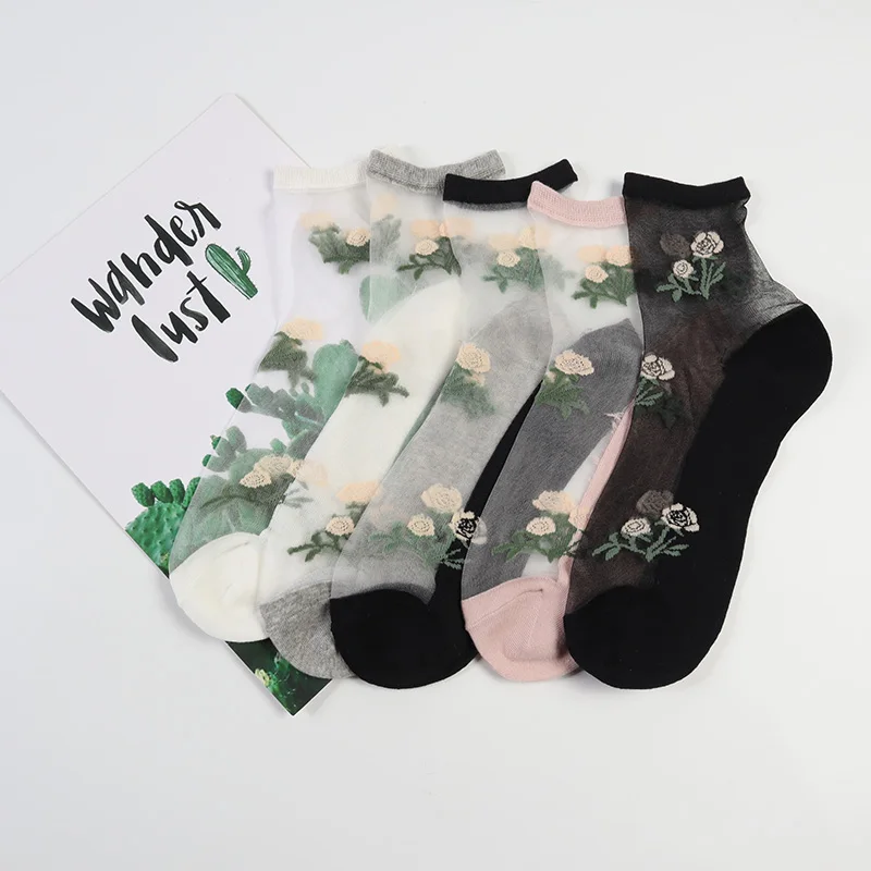 

DONG AI 5 Pairs Korean Style Lace Women Translucent Socks Ankle High Beautiful Flower Pattern Glass Silk Socks For Summer