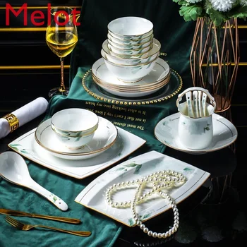 

High-End Chinese Bone China Cutlery Bowl and Plates Combination Luxury Golden Edge North European Ceramic Bowl and Dish Set