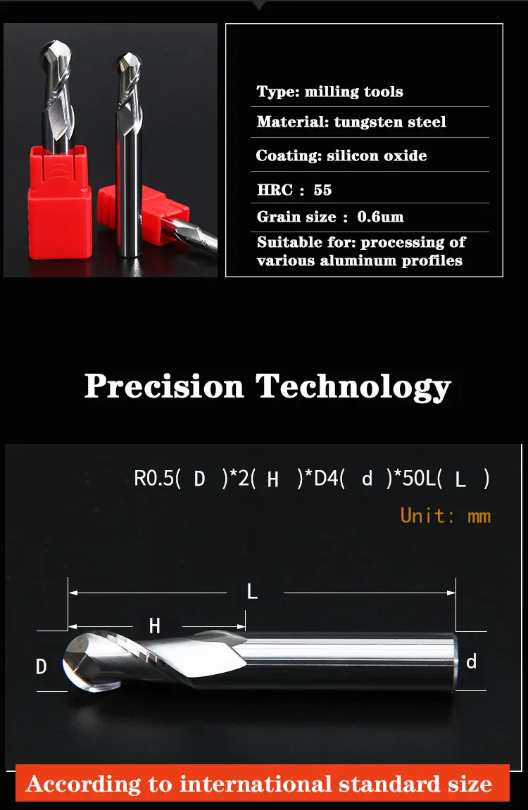 Metal milling cutter 2 Flute cutting HRC58 2mm 3mm 4mm aluminium copper machining CNC tungsten steel spiral bit milling cutter ball nose end mill R1