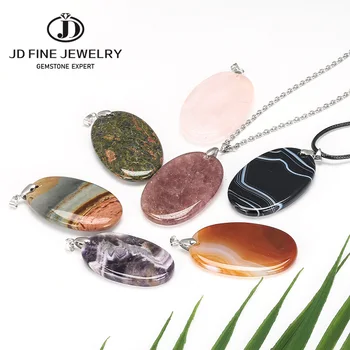 

JD Natural Stone Big Pendants Tiger Eye Pink Quartz Purple Crystal Glaucophane Necklace Over Flat Bead Women Healing Jewelry